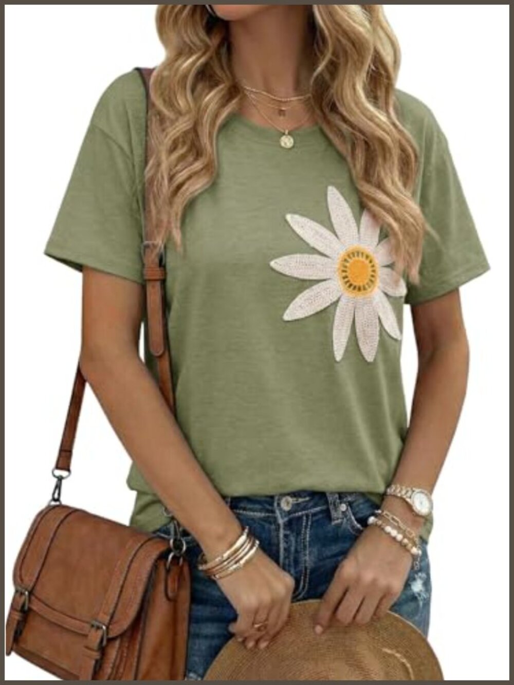 Flower Embroidery Short Sleeve Crewneck Loose Fit Casual T-Shirt